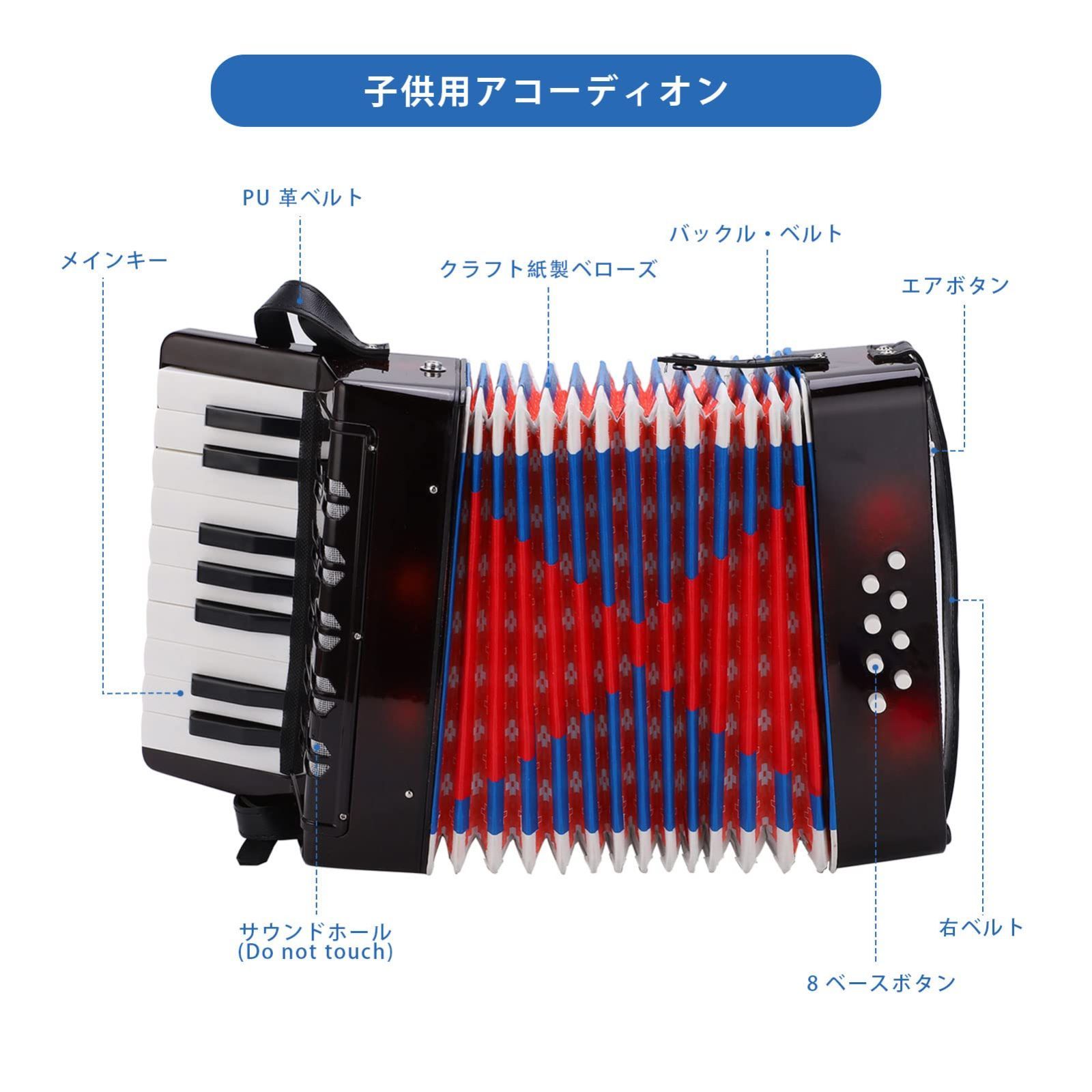 バスアコーディオン 22キー 8低音 合奏 赤 緑 青 子供用 手袋 学生 耐久性 頑丈 特殊 - 楽器、器材