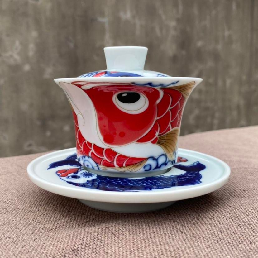 竜魚納福 馬蹄三才蓋碗 茶杯 単体 蓋付き茶器 飲茶食器
