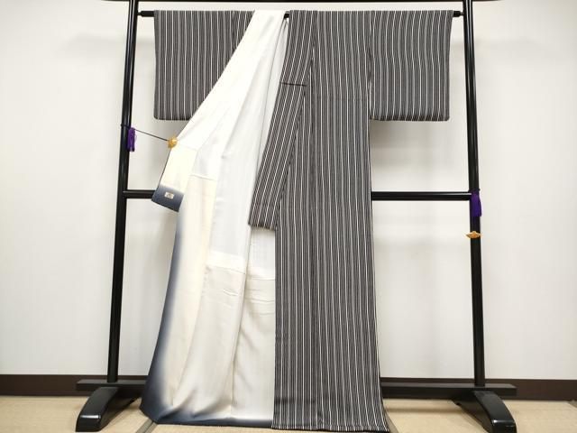 平和屋着物■極上　銀座越後屋　小紋　縞　黒×白　逸品　CYAA2726s5 平和屋着物□極上 銀座越後屋 小紋 縞 黒×白 逸品 CYAA2726s5