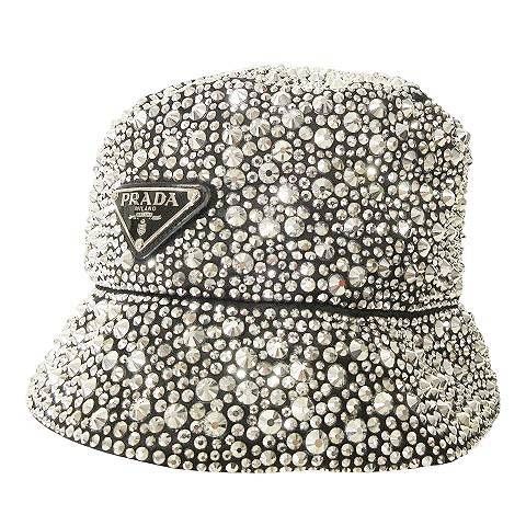 プラダ PRADA 21年 クリスタル バケットハット ラインストーン ビジュー 帽子 キャップ イタリア製 正規 S 黒 ブラック AA