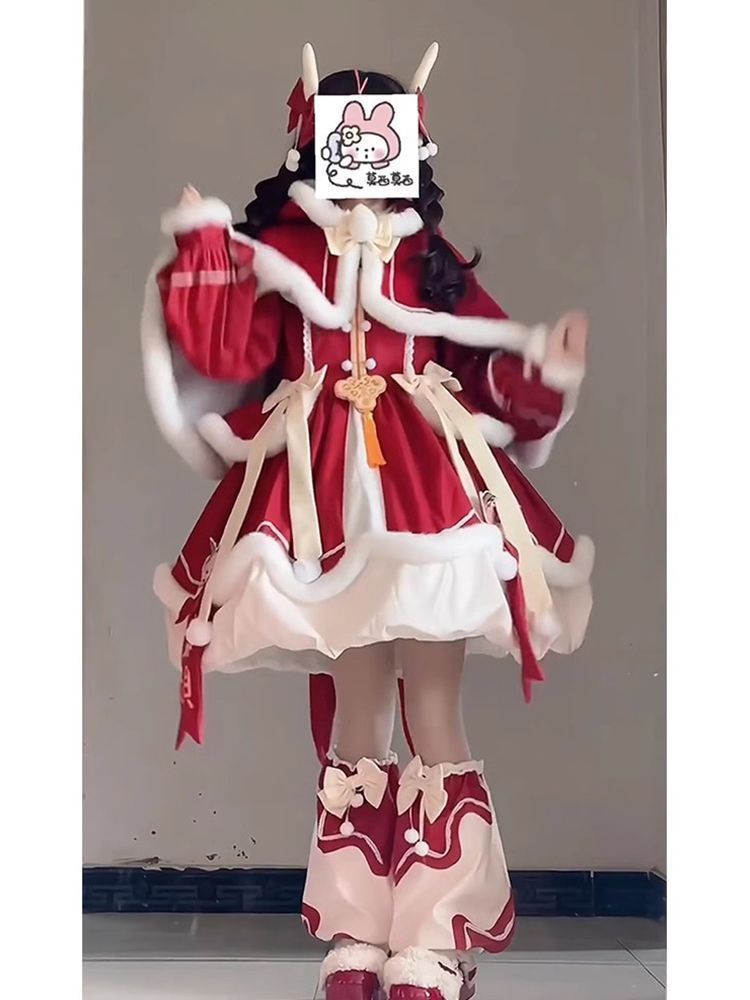 全新 赤色 ロリータ 新年ドレスセット ケープ付き 長袖 公主風ワンピース レディース 大きいサイズ サンタクロース クリスマスロリータ 洋服 衣装 仮装 christmas 学園祭 文化祭 雰囲気 お呼ばれ イベント 大人 舞台 新年会