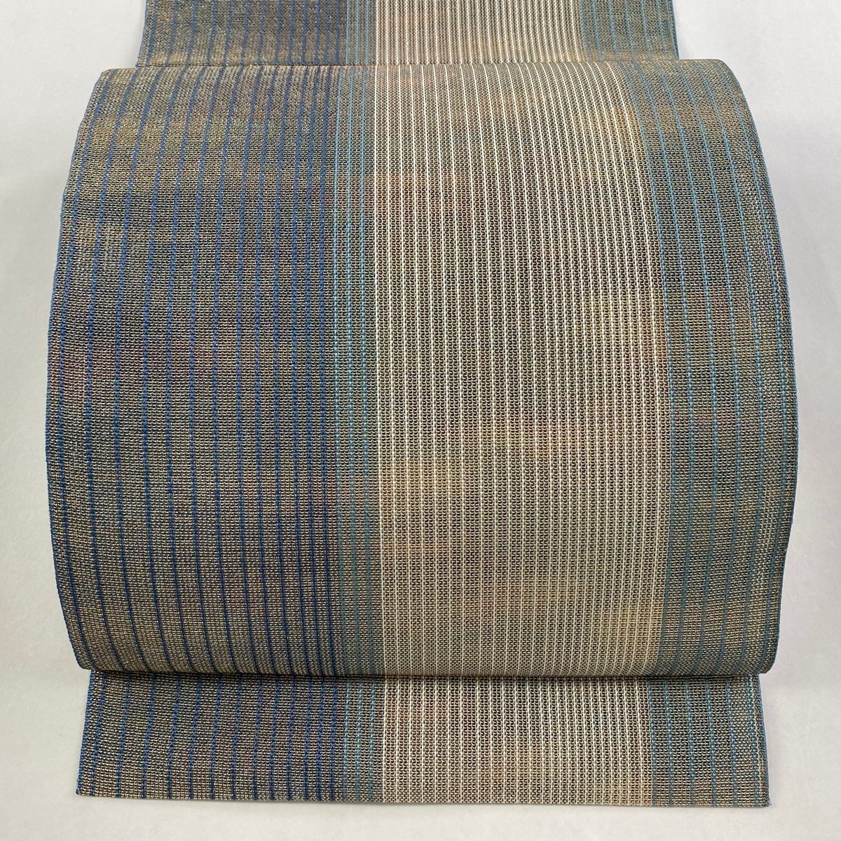 名古屋帯 秀品 八寸名古屋帯 松葉仕立て 縞 金糸 灰緑 正絹