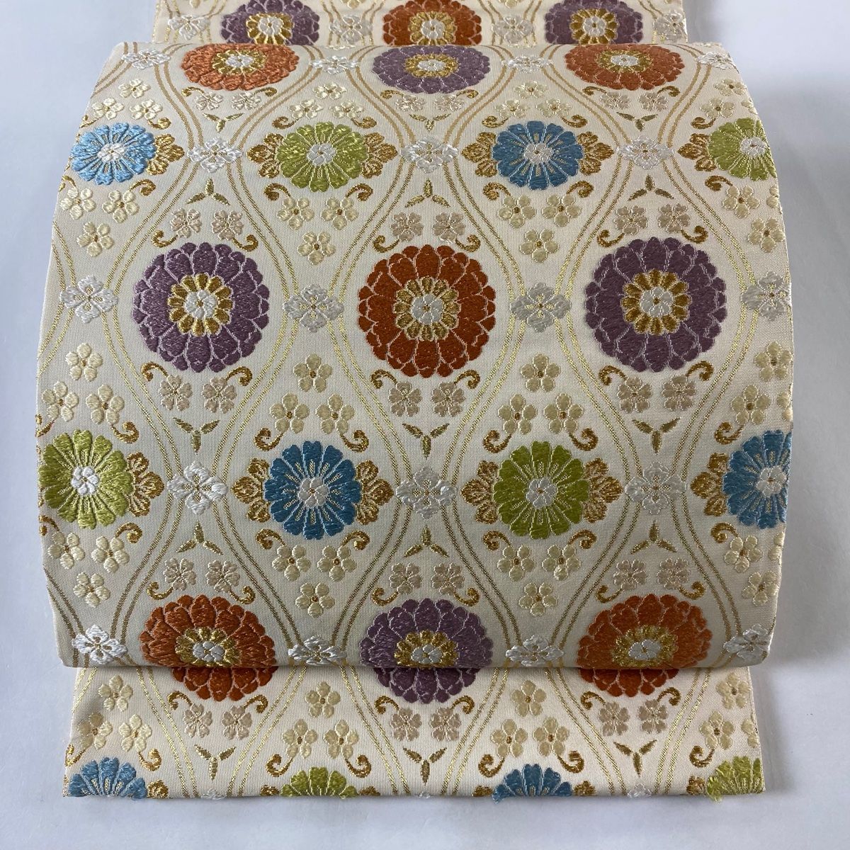 袋帯 美品 逸品 洛陽織物 落款 菊 立涌 唐織 金糸 ベージュ 六通