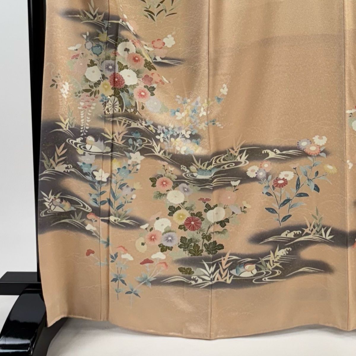 訪問着 身丈167cm 裄丈68.5cm L 袷 花車 鴛鴦 金彩 ぼかし 薄オレンジ 正絹 秀品 一つ紋