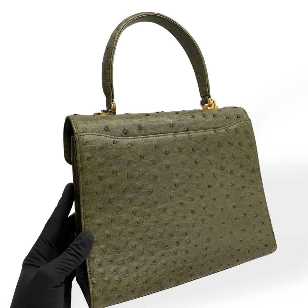 極美品 JRA認定 オーストリッチ ハンドバッグ 本革 グリーン