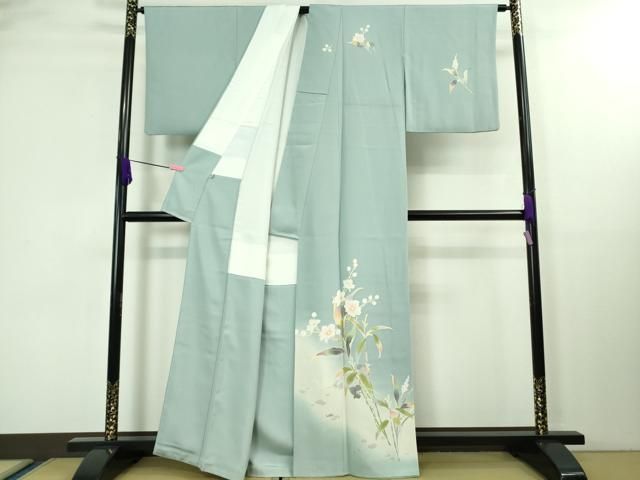 平和屋本店□極上 京加賀友禅 百貫石峰 訪問着 枝花文 秘色色地 暈し