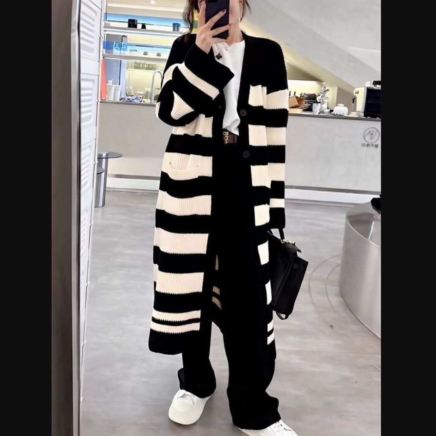 ロングカーディガン レディース ニットカーディガン ストライプ柄 ロングニット コート 厚手 通勤 長袖 ポケット付き あったかい 体型カバー ゆったり オフィス カジュアル 前開き 秋冬 お洒落 可愛 meitong 10 DZ 20