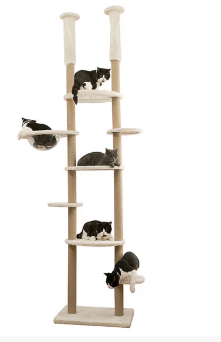 Mwpo 透明宇宙船 窓付きの透明ステップ 突っ張りタイプキャットタワー おうちで木登りタワー 多頭飼い 天然サイザル麻紐 爪とぎガリガリ 運動不足解消 ストレス解消 省スペース ポール ペット用品 ペットグッズ60×40×234~258cm