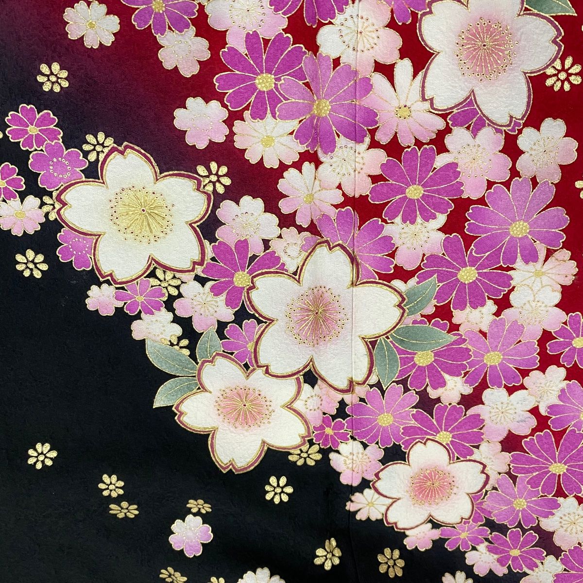 振袖 身丈166.5cm 裄丈67.5cm L 袷 桜 草花 金彩 ぼかし 黒 正絹 名品