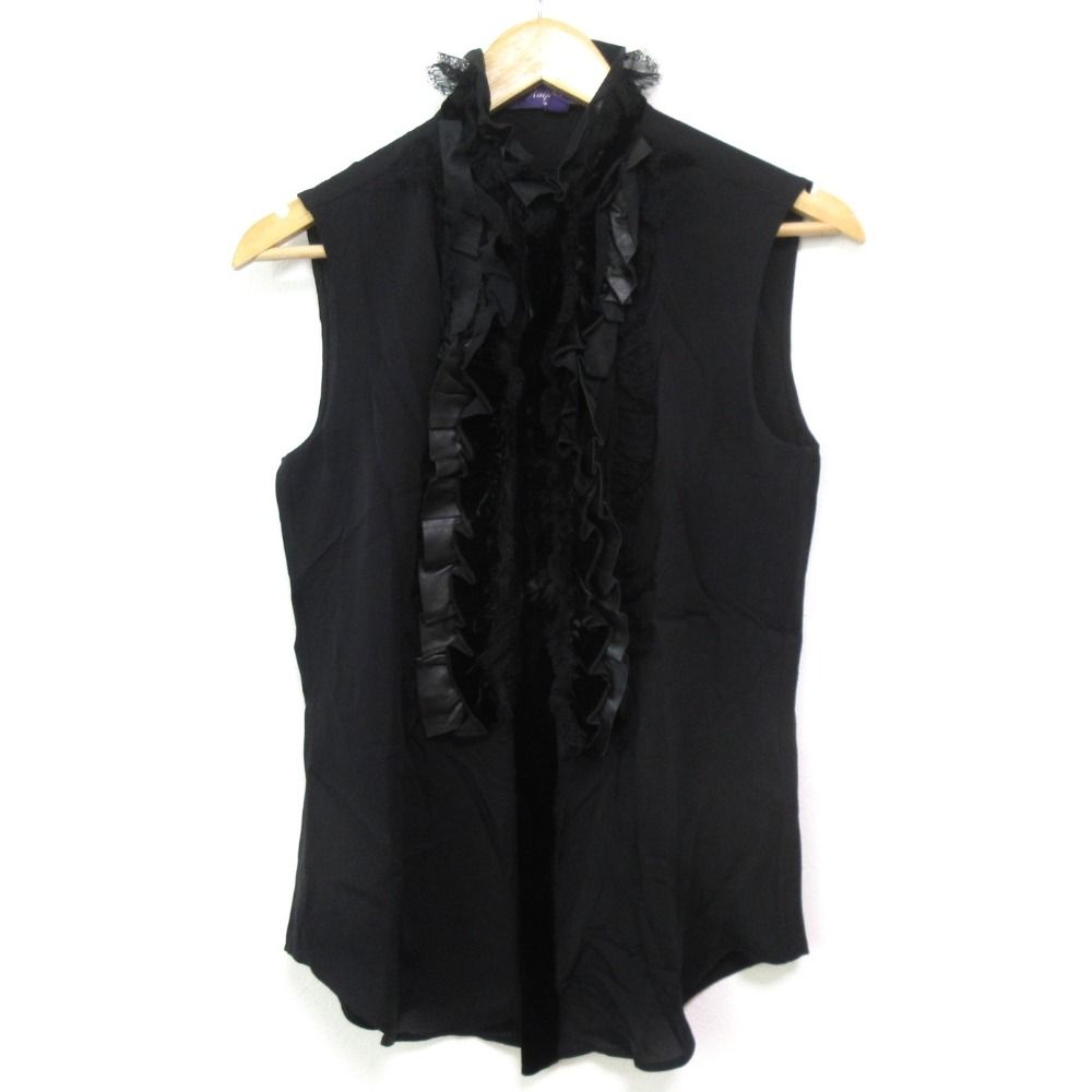RALPH LAUREN PURPLE LABEL ラルフローレン パープルレーベル フリル ノースリーブ ブラウス カットソー サイズ4 ブラック レディース 古着