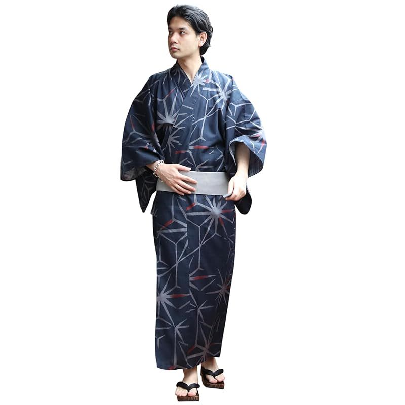 8 eight エイト 和柄 総柄 浴衣 3点セット メンズ 浴衣 帯 下駄 コットン 破れ麻の葉ネイビーLL