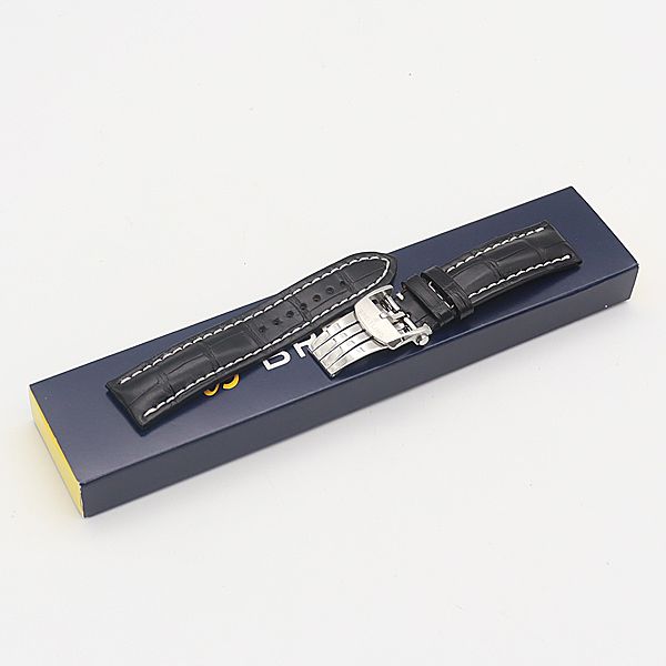 良品 箱付 ブライトリング Dバックル 22mm用 クロコベルト シルバー