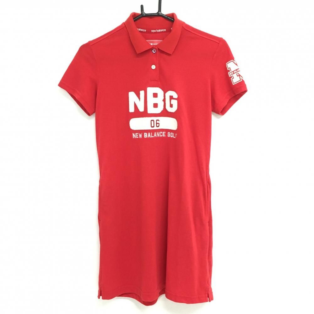 【美品】ニューバランスゴルフ 半袖ポロワンピース レッド×白 パイル地ワッペン  レディース 1(M) ゴルフウェア New Balance