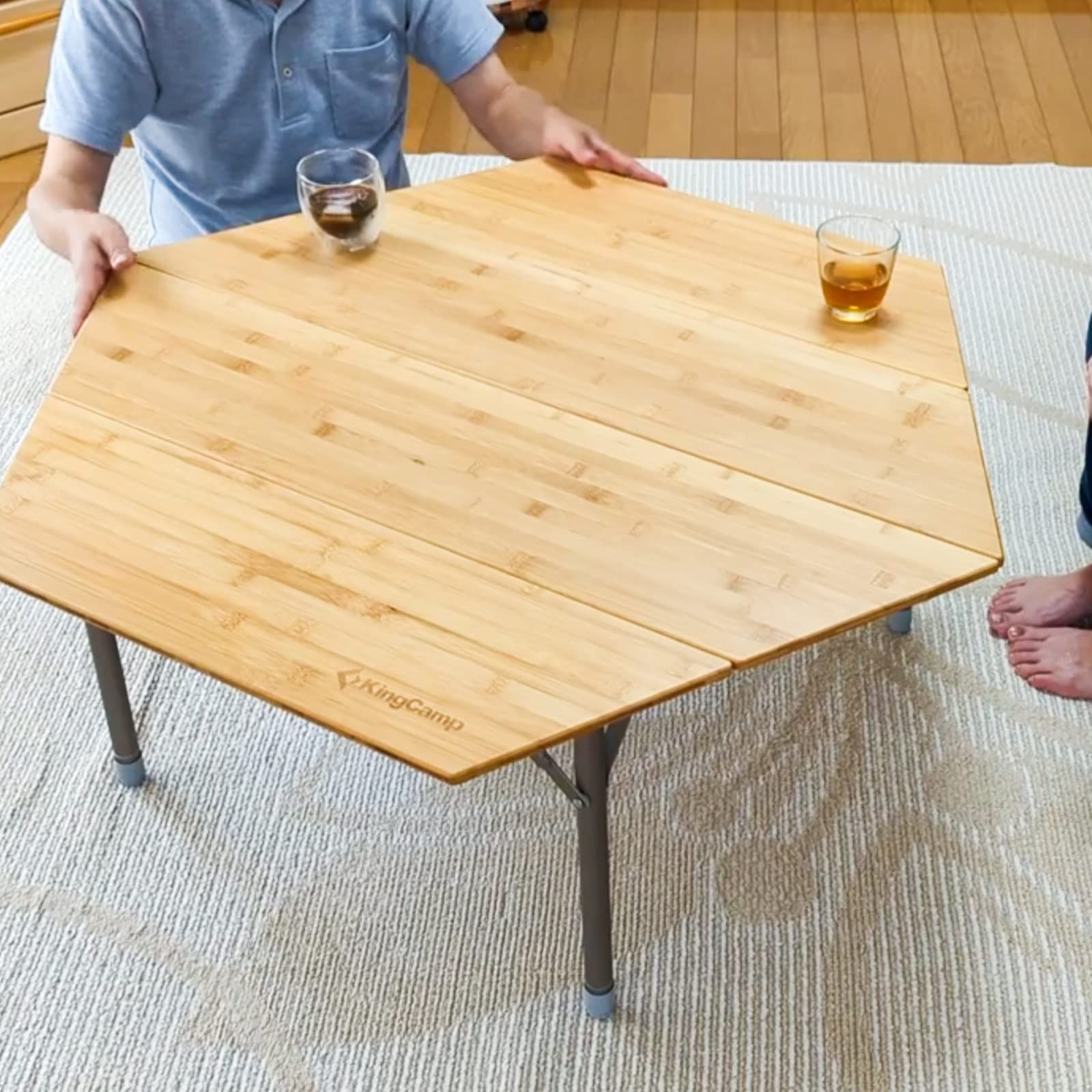 直径100六角折り畳み竹天板テーブル アウトドア 高さ調節可 - その他
