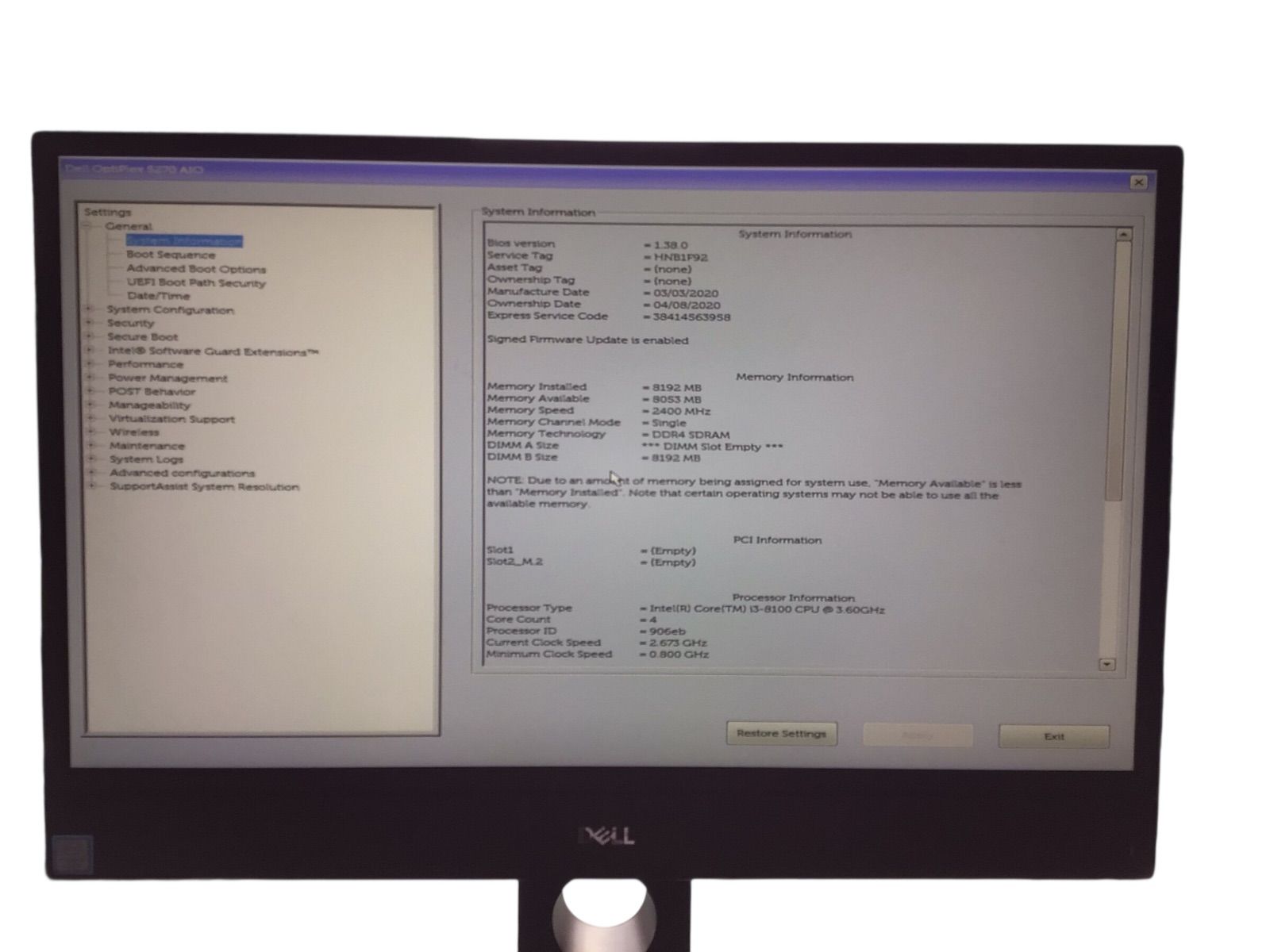 DELL OptiPlex 5270 AIO| CPU CORE i3-8100| メモリ4096MB| ストレージ無し番号E21