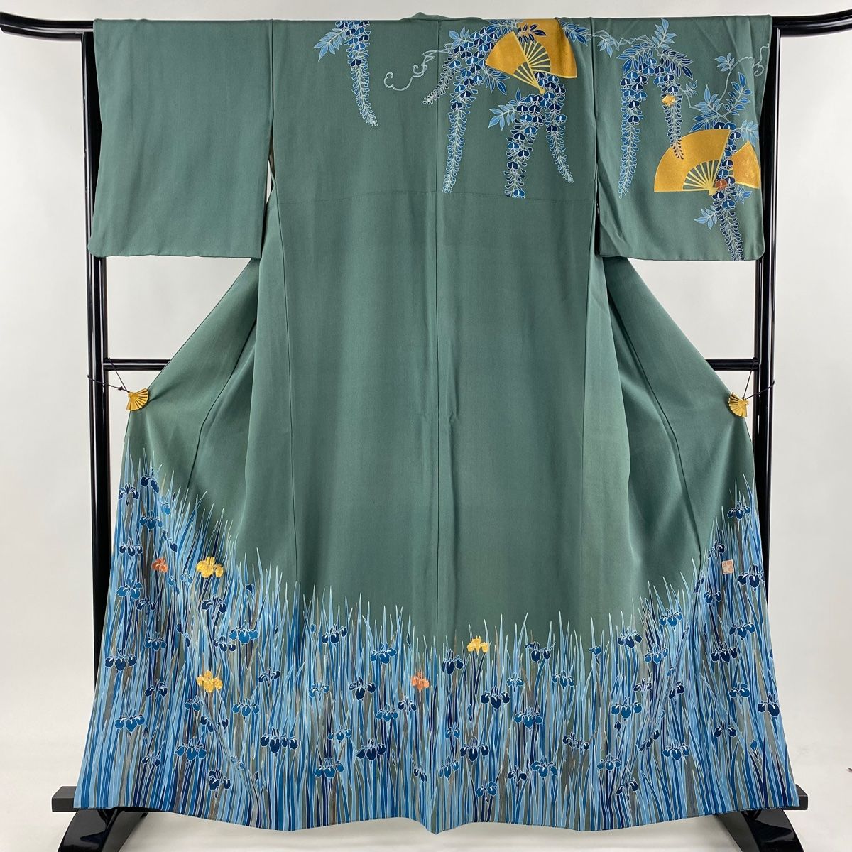 訪問着 身丈161cm 裄丈66cm M 袷 田畑喜八 落款 菖蒲 藤 金糸 刺繍 緑 正絹