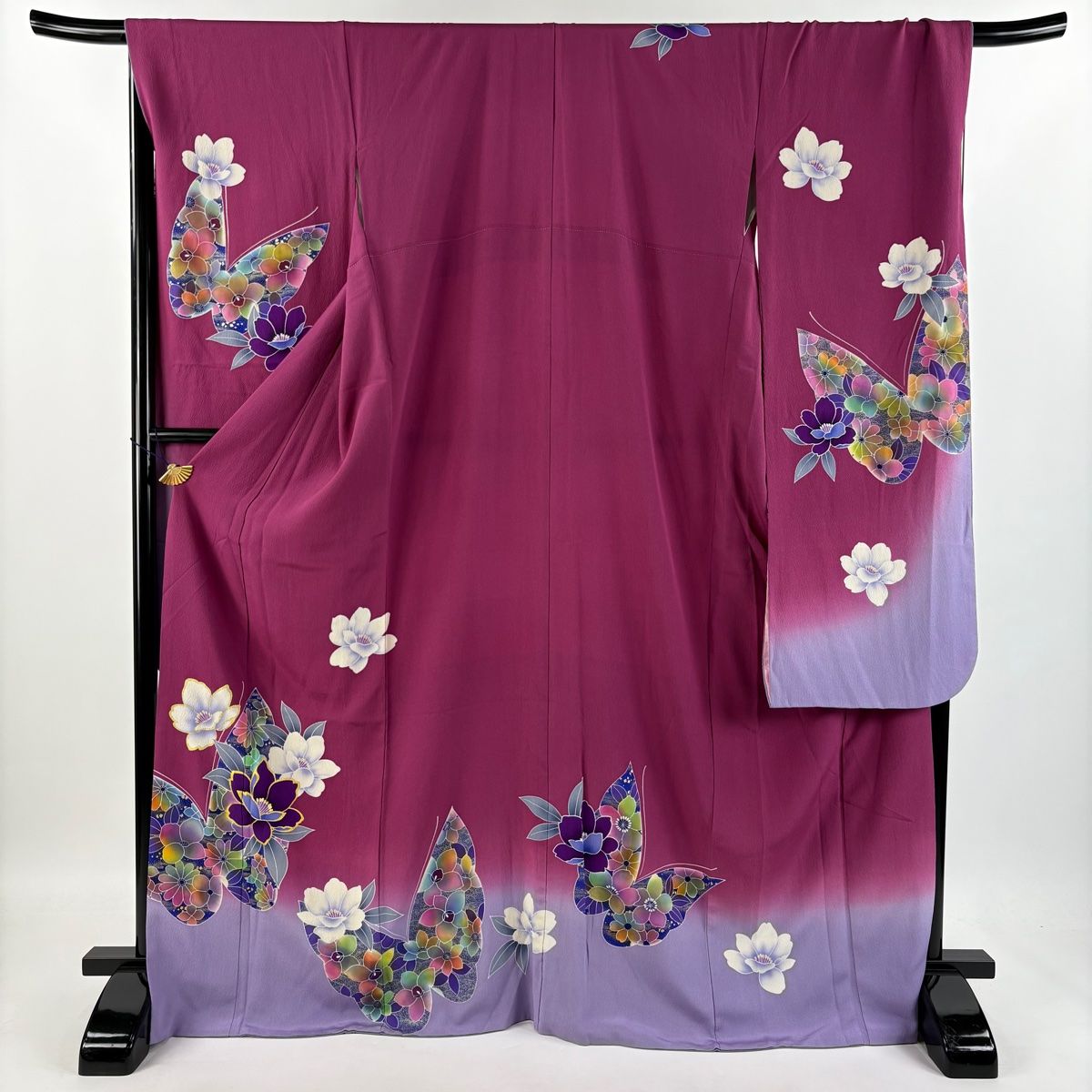 振袖　振り袖　花文様　裄７０　正絹 振袖 身丈160cm 裄丈66cm M 袷 花丸文 萩 金糸 金彩 濃紺 正絹