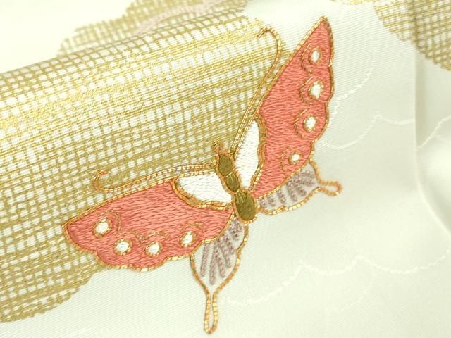 平和屋本店□極上 銀座きしや 訪問着 駒刺繍 雲取り舞蝶文 生成り色地
