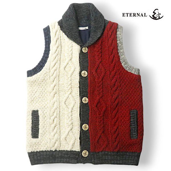 極美品 ネパール製 ETERNAL エタナール モンゴリアンウール100% クレイジーパターン 裏地付き カウチン ニットベスト クレイジーカラー L