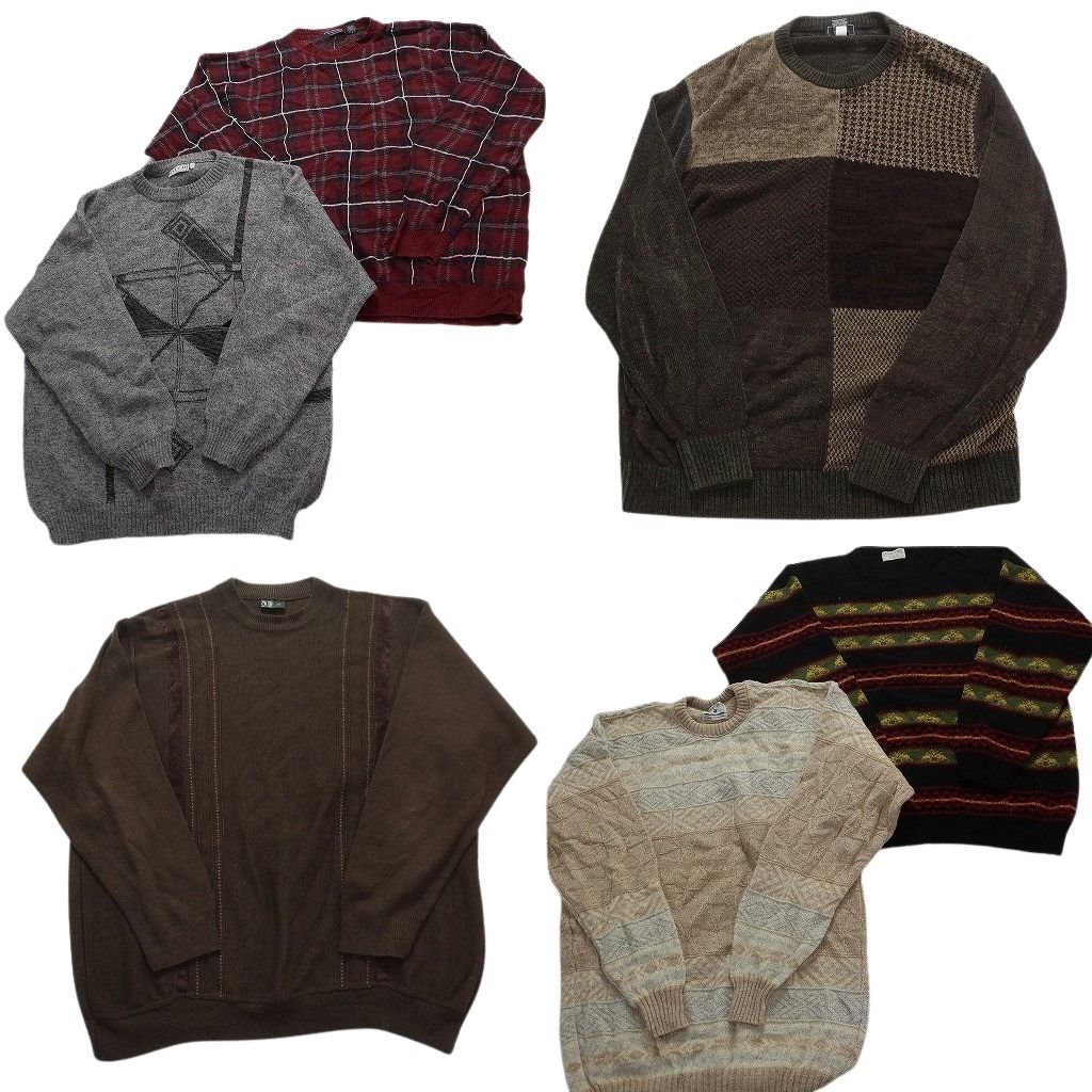 古着卸 まとめ売り 混紡素材 柄ニット セーター 6枚セット (メンズ 2XL ) ビッグサイズ チェック 赤 アースカラー クルーネック MX5654