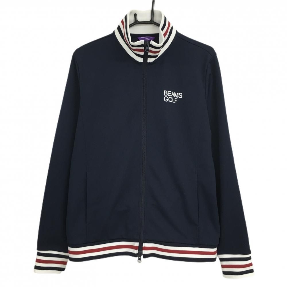 美品】ビームスゴルフ ジャケットブルゾン ネイビー×白 リブボーダー
