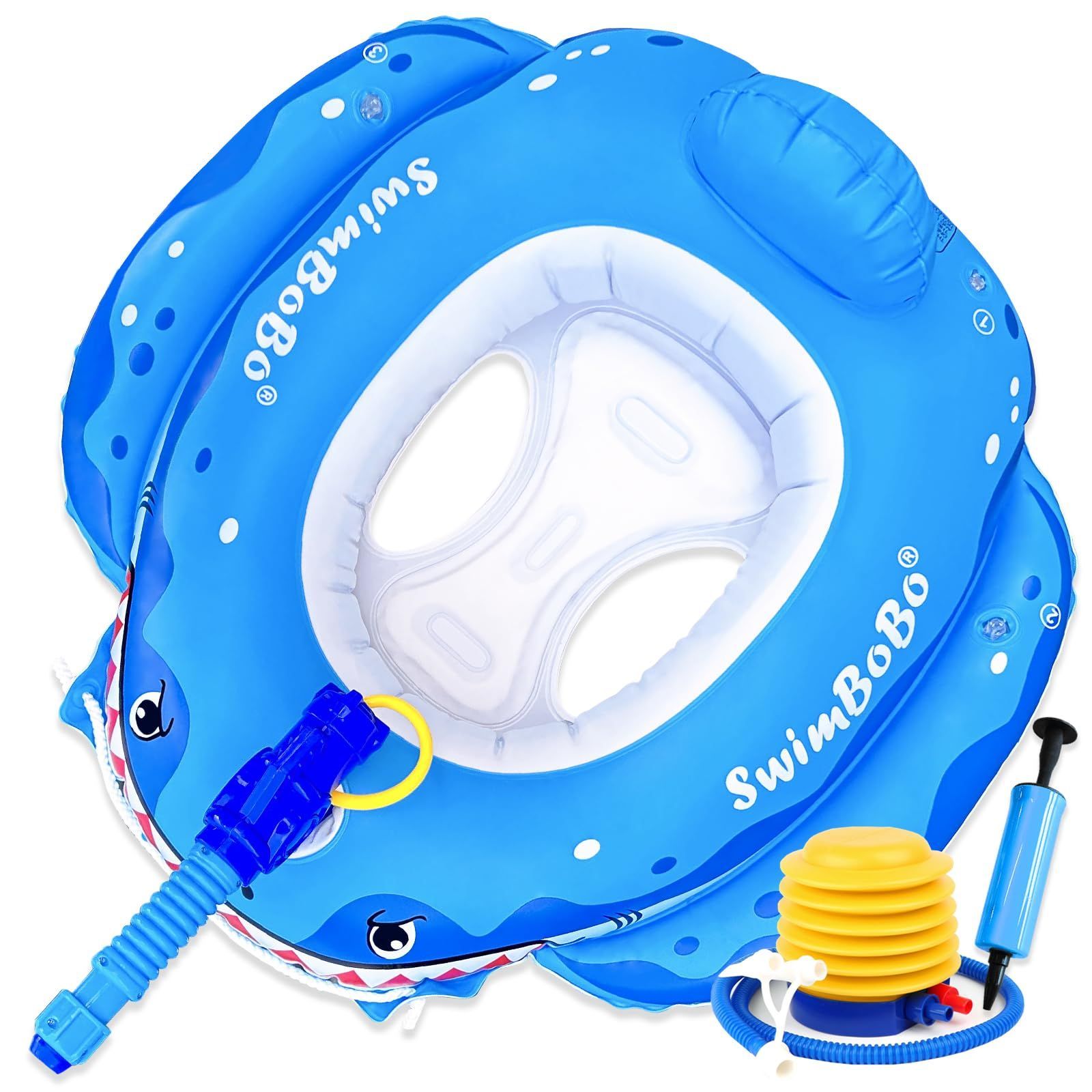 VBACALA うきわ 浮き輪 足入れタイプ 子ども浮き輪 車の型 水泳リング 水鉄砲 ウォーターガン 背もたれ 紐付き フロート 浮輪 2種類の空気入れ 噴水 水遊び 海水浴 プール アウトドア かわいい サメ 浮き具 70*65*26CM