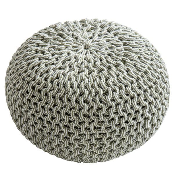 プーフ スツール 約直径50×35cm 丸形 グリーン＆ホワイト 表面綿100％ インド綿 オットマン ブレイド リビング ダイニング 店舗【代引不可】
