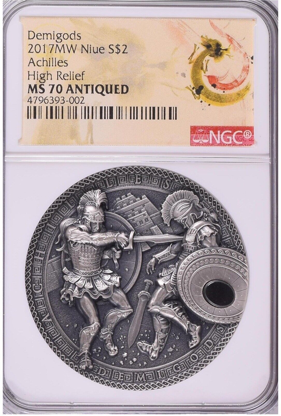 NGC MS70 2017 Niue Achilles VS Hect- HEMATITE Demigods 2 OZ SILVER COIN 2$
