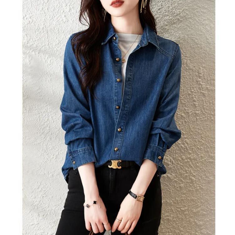 ゆったりデニムトップス 年中OK レトロカジュアルシャツ♡ デニムシャツ デニム シャツ デニムトップス レディース シャツ