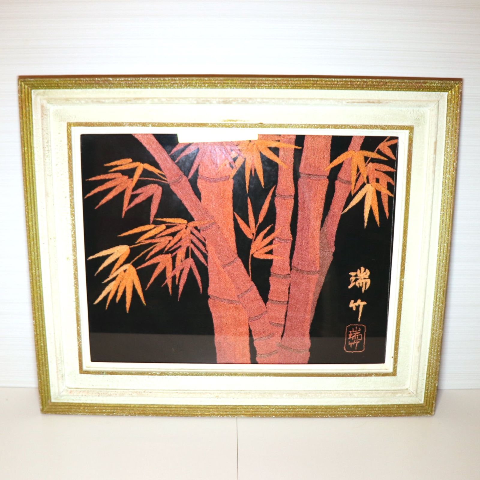 開運赤竹額・福寿長久】縁起絵 朱竹 色紙絵 日本画 静物画 招福