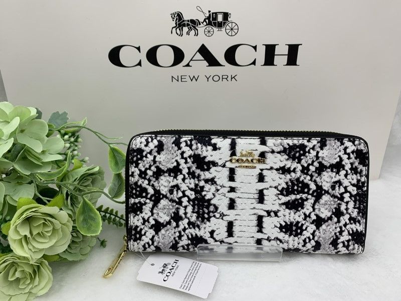 コーチ 長財布 COACH 財布 ホワイトｘブラック エンボスド スネーク柄 レザー  レディース メンズ  プレゼント 贈り物 ロング ジップ 誕生日 記念日 新品未使用 ファッション F53659 C183Z-25