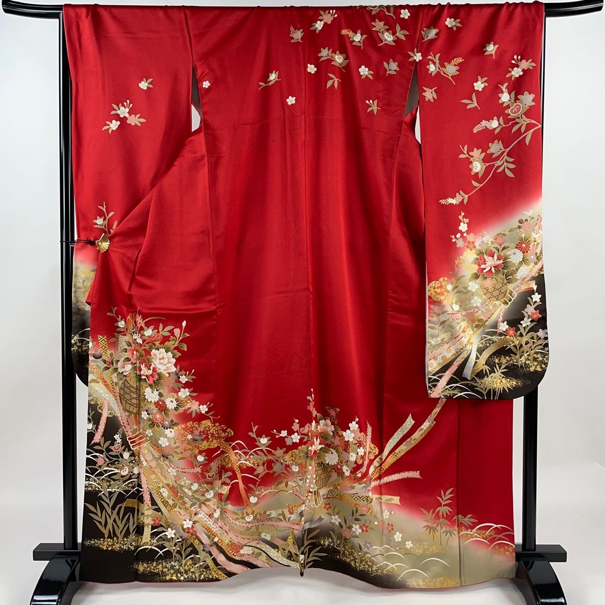 振袖 身丈163cm 裄丈68cm L 袷 花籠 束熨斗 金彩 刺繍 赤 正絹 美品  