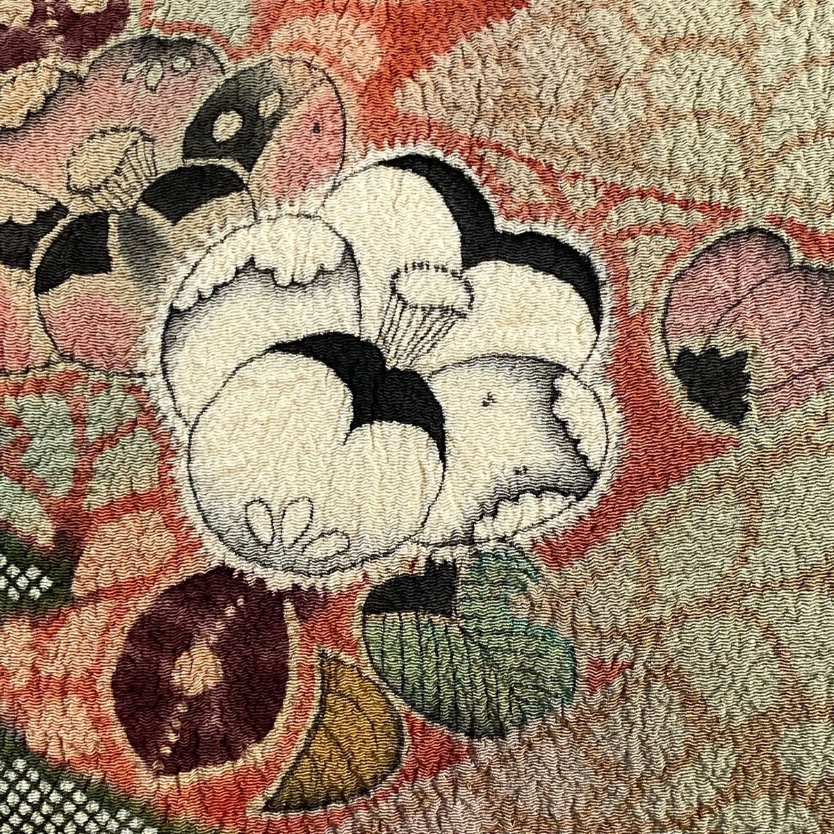 開き名古屋帯 落款 水野保 松皮菱 草花 縮緬 ぼかし 緑 正絹