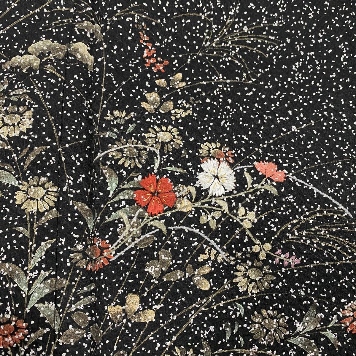 ☆ 付下げ 雪輪に花模様 縦柄暈し 金銀彩 茄子紺色 トールサイズ K-4297 付下げ 秀品 落款 雪輪 花びら 金銀彩 深緑 袷 164cm 67.5cm M