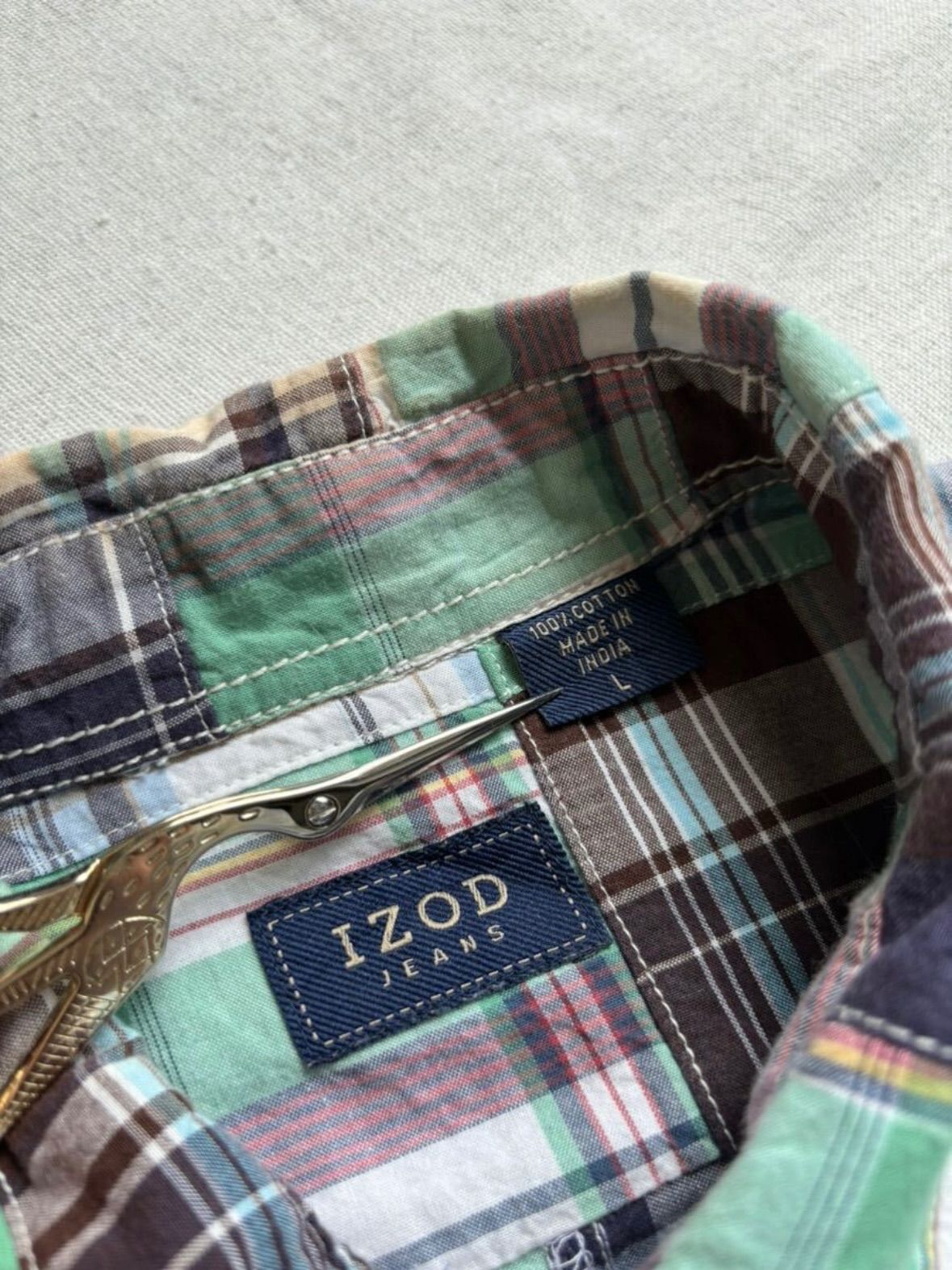 インド製 IZOD JEANSパッチワーク シャツ / L コットン グリーン マドラスチェック ボタンダウン USA ビンテージ T4-05074-9255