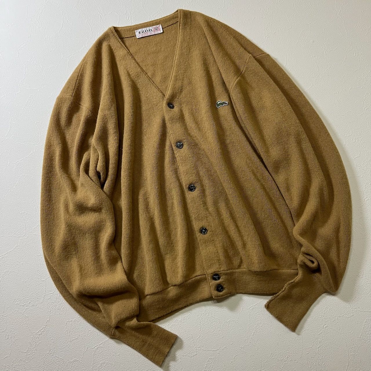 60s IZOD LACOSTE アクリル カーディガン ラコステ ベージュ XL 古着 