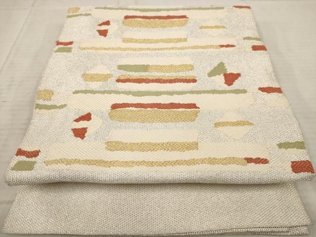 着物ー夏帯2 上質八寸名古屋帯　格子　【正絹】　銀糸【新品未使用品】【お買い得】 夏帯 名古屋帯 絽綴れ 正絹 新品 仕立て上がり 卵色 横縞 幾何学