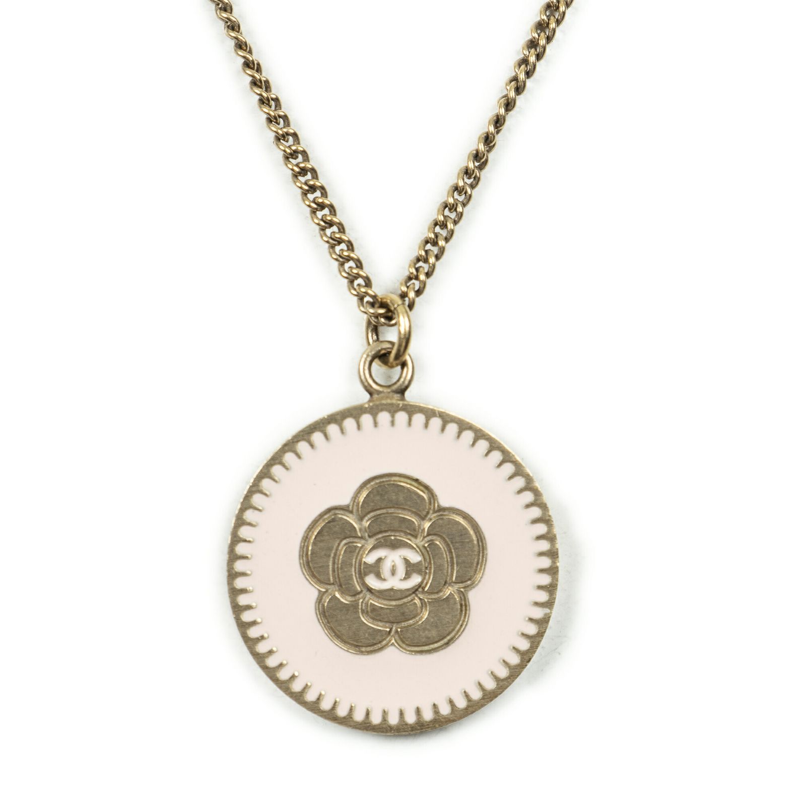 CHANEL シャネルCCカメリアラウンドエナメルペンダントネックレス金 ピンク金メッキA