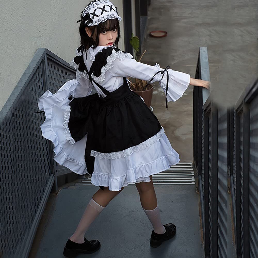 [YIUHK] メイド服 ロリータ コスプレ ハロウィン 仮装 レディース ワンピース エプロン イベント リボン 長袖 カチューシャ ニーハイソックス付き 5点セット