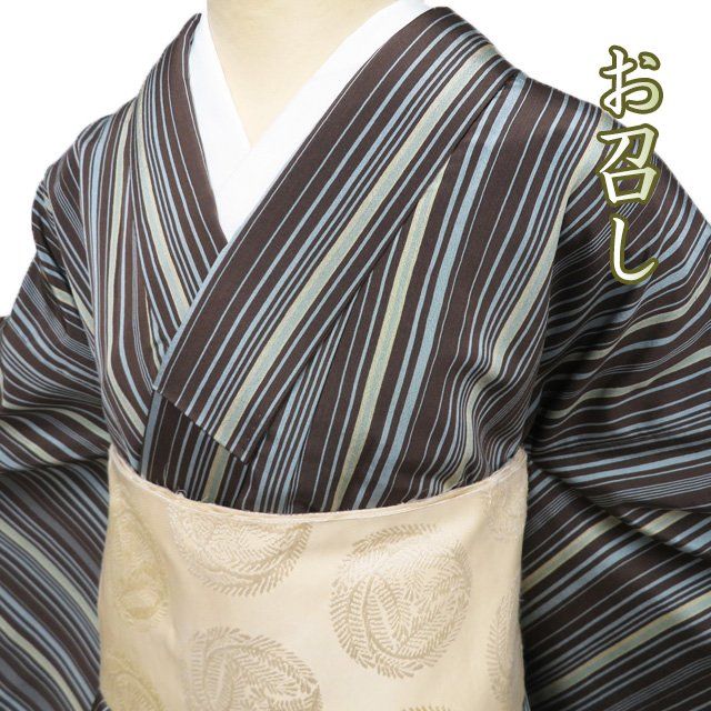 お召し 御召 着物 正絹 袷 カジュアル 縦縞模様 焦茶色 薄灰色 身丈160cm 裄65.5cm M ワイド きもの北條 A1277-5