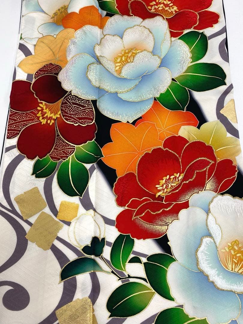 振袖 豪華 金彩 ラメ刺繍 椿 紋意匠 身丈169cm パールトーン加工 振袖 豪華 金彩 ラメ刺繍 椿 紋意匠 身丈169cm パールトーン加工