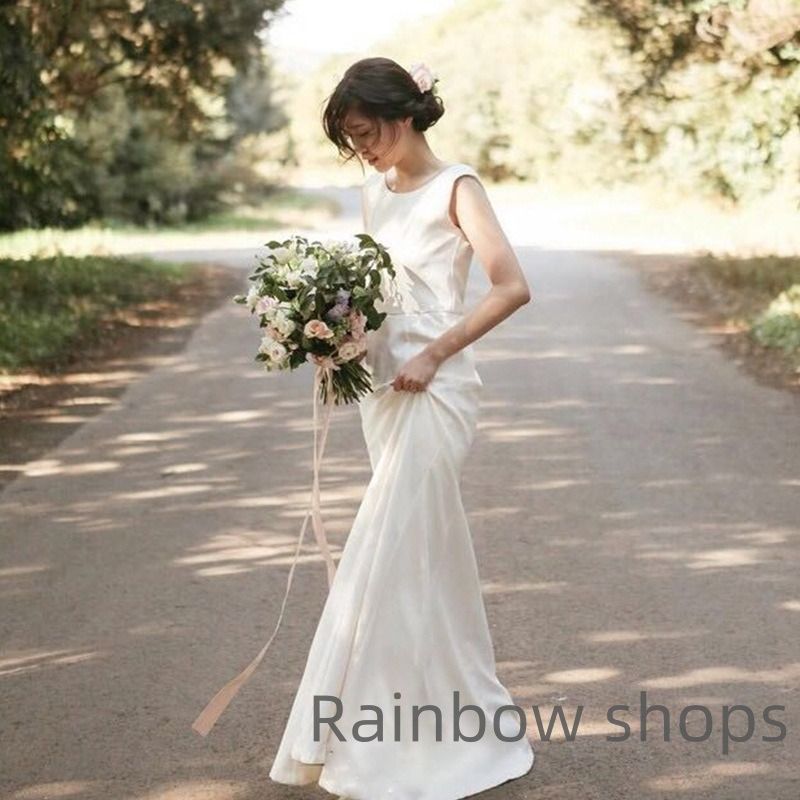 結婚式前撮り用 シンプルマーメイドドレス ホワイト 無地 ノースリーブ ウエディングドレス 着痩せ効果 プリンセスシルエット フォトウェア bgcp28