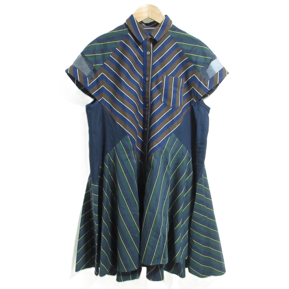 sacai サカイ ストライプ柄 ショートスリーブ フ チュニックシャツ ワンピース サイズ1 ネイビー系 マルチ レディース 古着