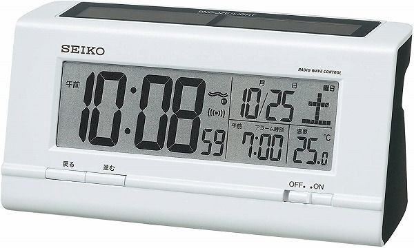 【送料無料】SEIKO CLOCK (セイコークロック) 目覚まし時計 ハイブリッドソーラー 電波 デジタル カレンダー・温度表示 白パール SQ766W