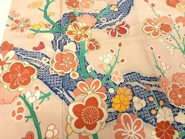 (あ866)アンティーク振袖㊗️大正ロマンな色の亀甲模様 枝松刺繍✨③点セット A5 アンティーク 亀甲鶴 金糸 松 七宝 唐草 全通 正絹