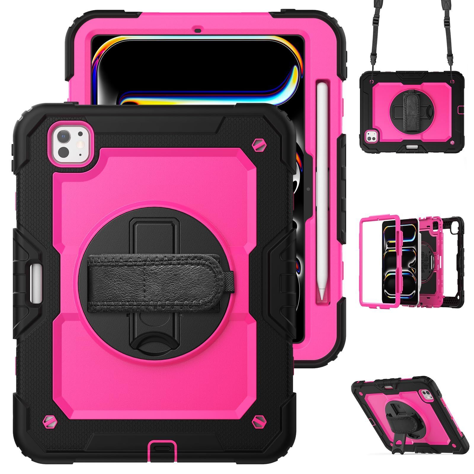 回転 360度 耐衝撃 Pencil収納 A 2836 2837フィルム付きペンホルダー 縦置き M 4 ハンドホルダー 2025 スタンド 防塵 ケース 肩掛けー 11 ストラップ Pro iPad 三層 インチ 5世代 ケー