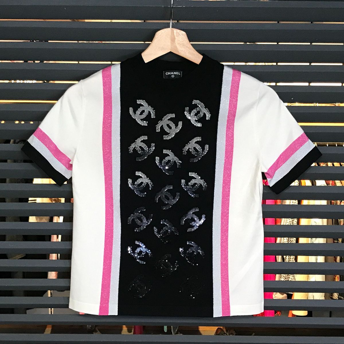 シャネル ココマーク スパンコール 半袖ニット トップス 黒 34 P75710 14425