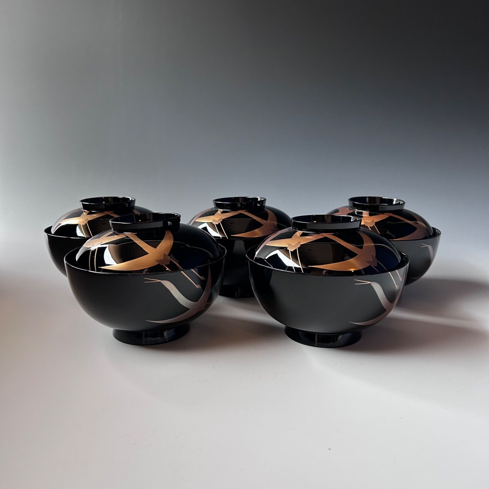 煮物椀　琳派　鶴蒔絵　五客組　静寛　共箱　山中塗　懐石　漆器　正月　初釜　茶道具 煮物椀 琳派 鶴蒔絵 五客組 静寛 共箱 山中塗 懐石 漆器 正月 初