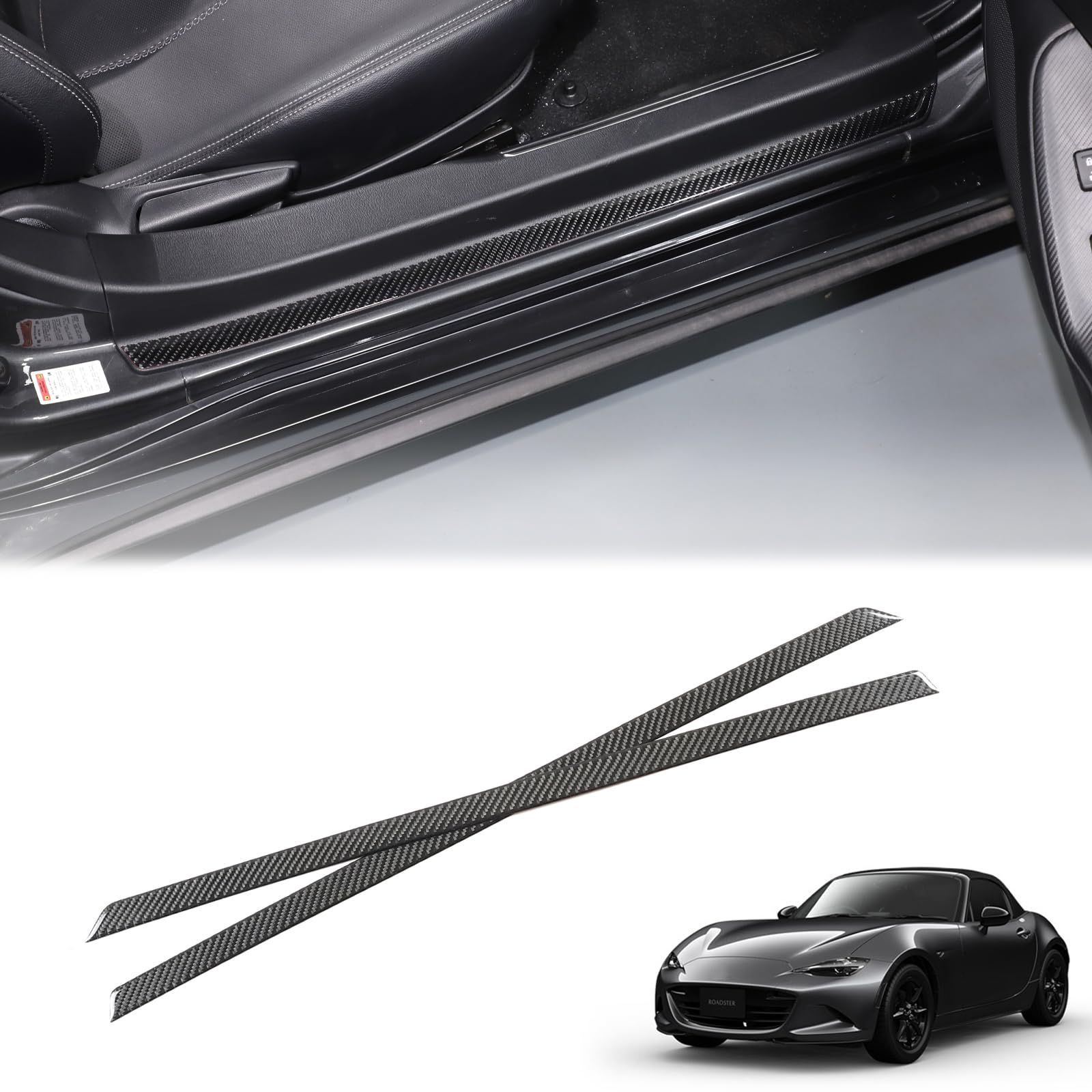カーボン調 Hcilloend マツダ ロードスター RF ND系 2016～2025に適用 外サイドステップガード サイドモール サイドステップ スカッフプレート カーボンファイバー製 取付簡単 貼付タイプ 装飾用 内装パーツ カスタム アクセサリー