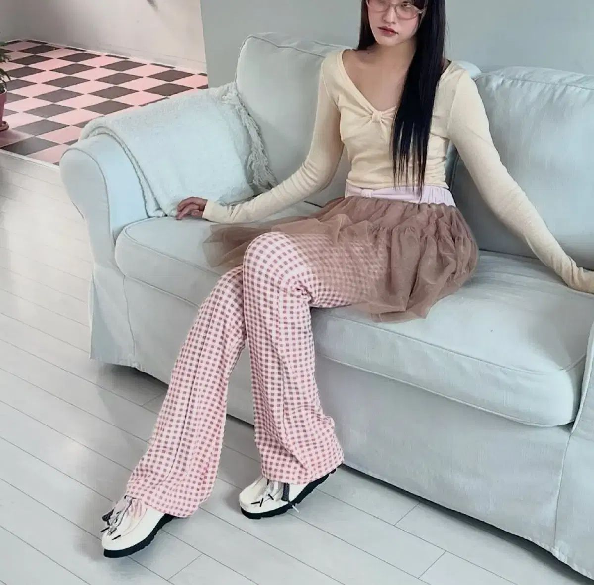 チュール ギンガム ブーツカットパンツ ヴィンテージ ローズ